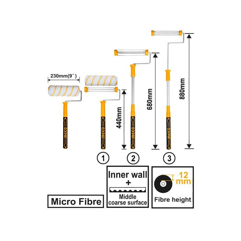 INGCO - Set Rullo in Microfibra con Manico Allungabile HRHT442302T | 230mm (9") | 440-880mm | Fibra 12mm