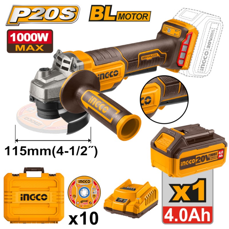 INGCO - Smerigliatrice Angolare Brushless CAGLI2111561E | 20V | 115mm | Batteria 4,0Ah | 10 Dischi | Valigetta