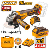 INGCO - Smerigliatrice Angolare Brushless CAGLI2111561E | 20V | 115mm | Batteria 4,0Ah | 10 Dischi | Valigetta