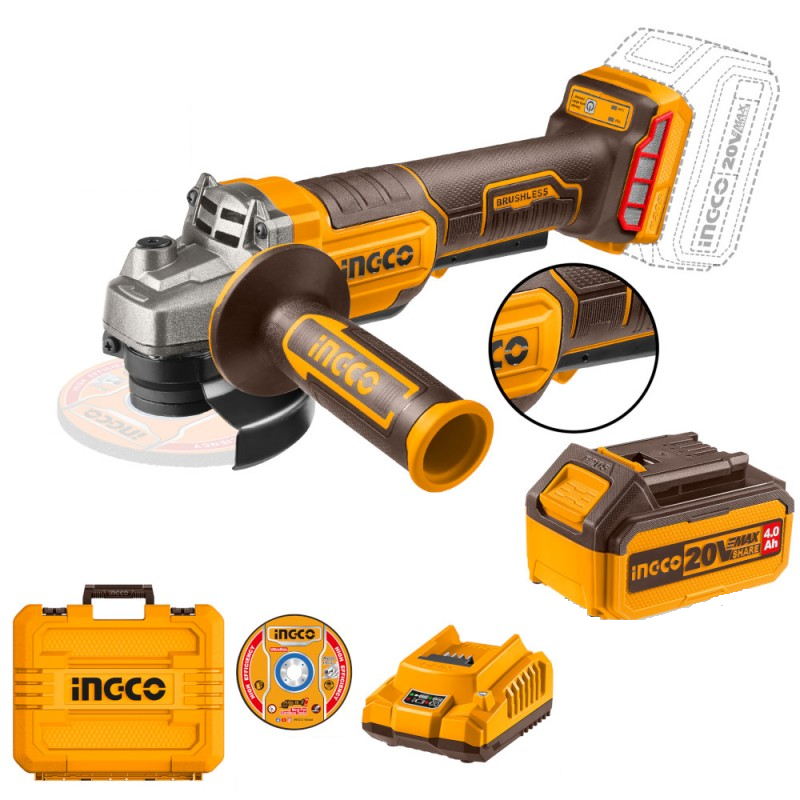 INGCO - Smerigliatrice Angolare Brushless CAGLI2111561E | 20V | 115mm | Batteria 4,0Ah | 10 Dischi | Valigetta