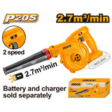 INGCO - Soffiatore a Batteria 20V CABLI20018E | 2,7 m³/min | 80 m/s | 2 Velocità | Solo Corpo P20S