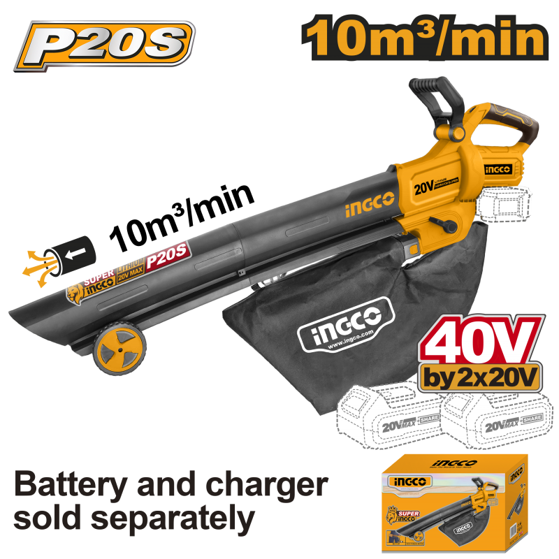 INGCO - Soffiatore Aspiratore a Batteria 40V Brushless CABLI2003 | 190 km/h | 10 m³/min | Solo Corpo