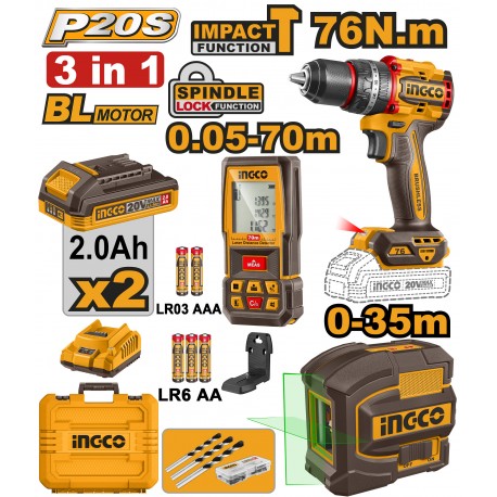 INGCO - Set Completo COSLI250511E | Trapano Brushless 76Nm + Livella Laser Verde 35m + Distanziometro 70m | 2 Batterie 20V 2Ah | 47 Accessori | Valigetta