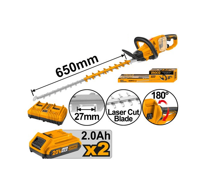 INGCO - Tagliasiepi PRO Brushless CHTLI400282 | 40V (20V+20V) | Lama 650mm Laser | 27mm | Kit 2 Batterie 2Ah + Caricabatteria