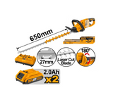 INGCO - Tagliasiepi PRO Brushless CHTLI400282 | 40V (20V+20V) | Lama 650mm Laser | 27mm | Kit 2 Batterie 2Ah + Caricabatteria