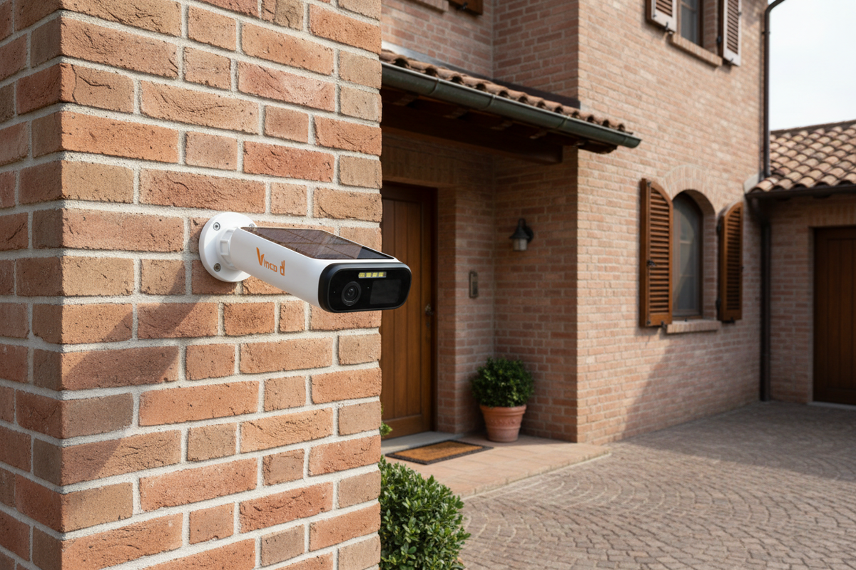 Telecamera Vinco solare installata ingresso casa muro mattoni