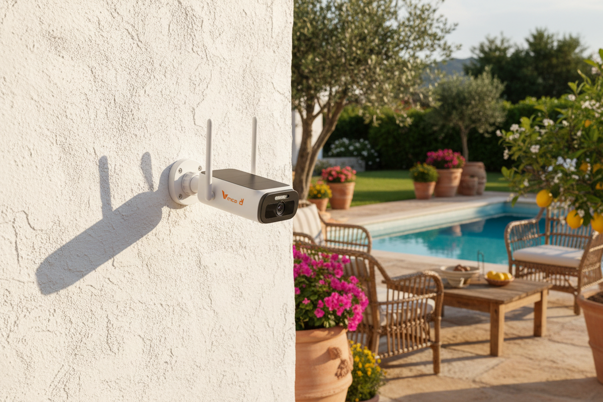 Telecamera Vinco solare montata villa giardino piscina