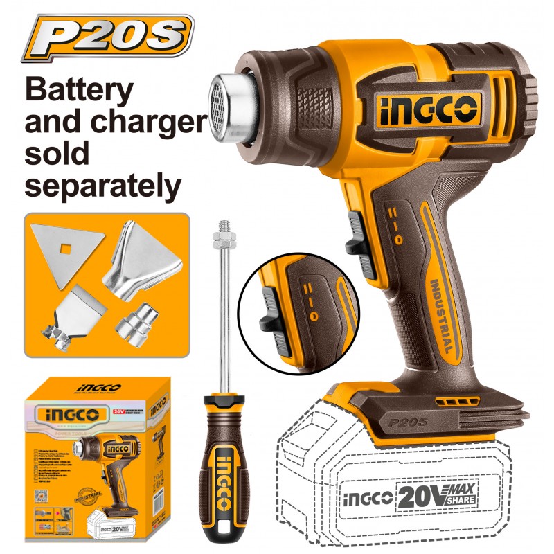INGCO 20V 300°/500° Battery Powered Heat Gun, Body Only, HGLI2006