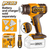 INGCO 20V 300°/500° Battery Powered Heat Gun, Body Only, HGLI2006