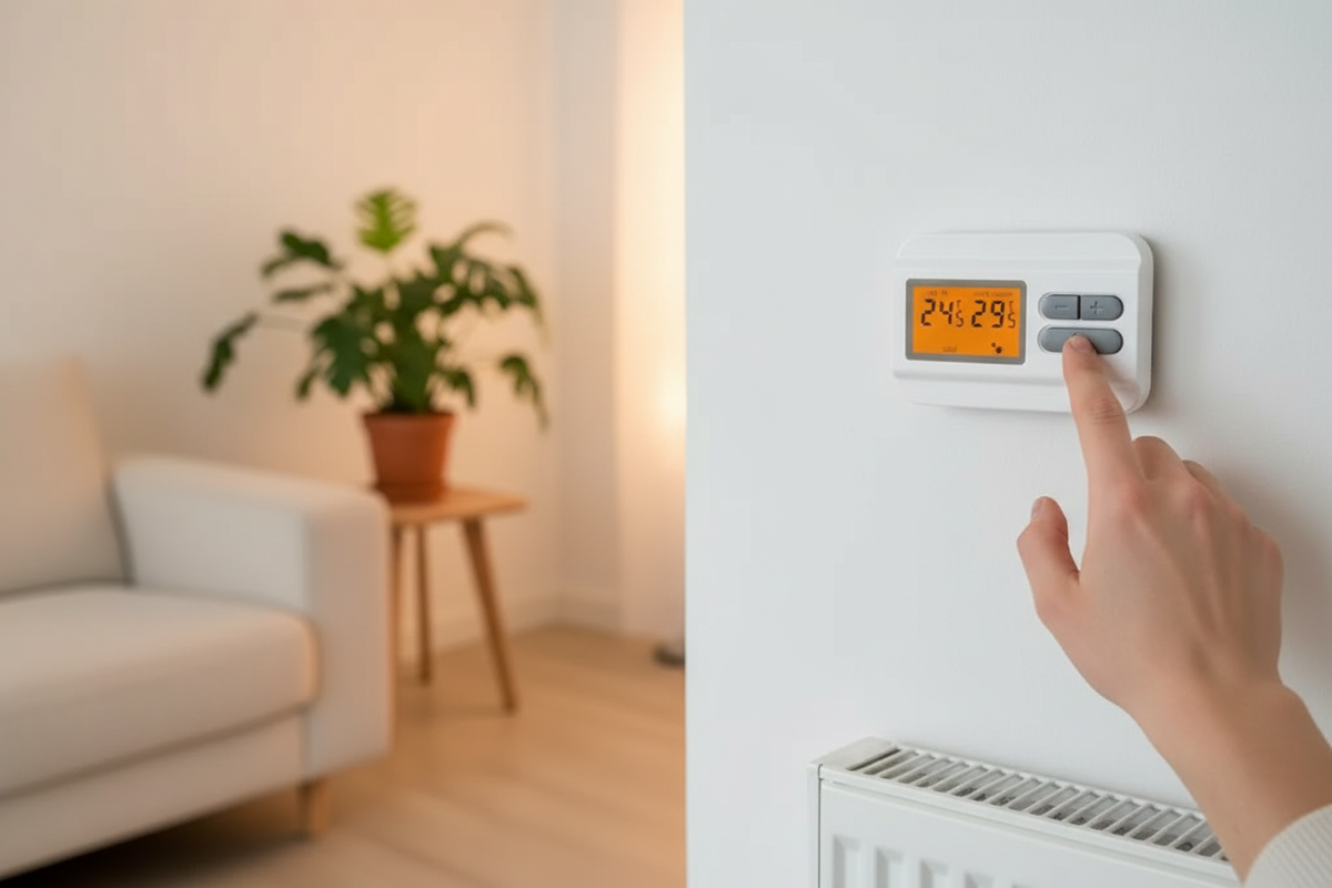 Termostato digitale ambientato soggiorno moderno parete bianca display arancione