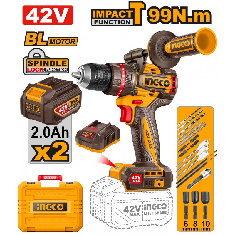 INGCO Trapano Avvitatore con percussione 42V 99Nm brushless con 2 batterie 2Ah - NEW