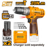 INGCO - Trapano a Percussione CIDLI12202E | 12V 20Nm | 2 Velocità 0-400/0-1500rpm | 22.500bpm | Ricarica USB-C | 2 Batterie 1,5Ah | Valigetta