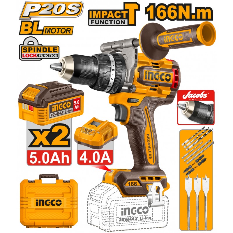 INGCO - Trapano a Percussione Brushless CIDLI201668E | 20V | 166Nm | 2 Batterie 5,0Ah | Valigetta