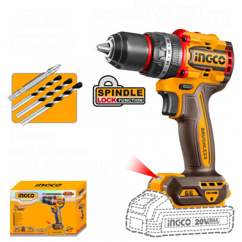 INGCO COMPACT 20V 66Nm BRUSHLESS Impact Drill Driver, bare (body only)