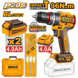 INGCO - Trapano a Percussione Brushless CIDLI20968E | 20V P20S | 96Nm | 13mm | 2 Batterie 4Ah + Caricabatterie | Kit Completo