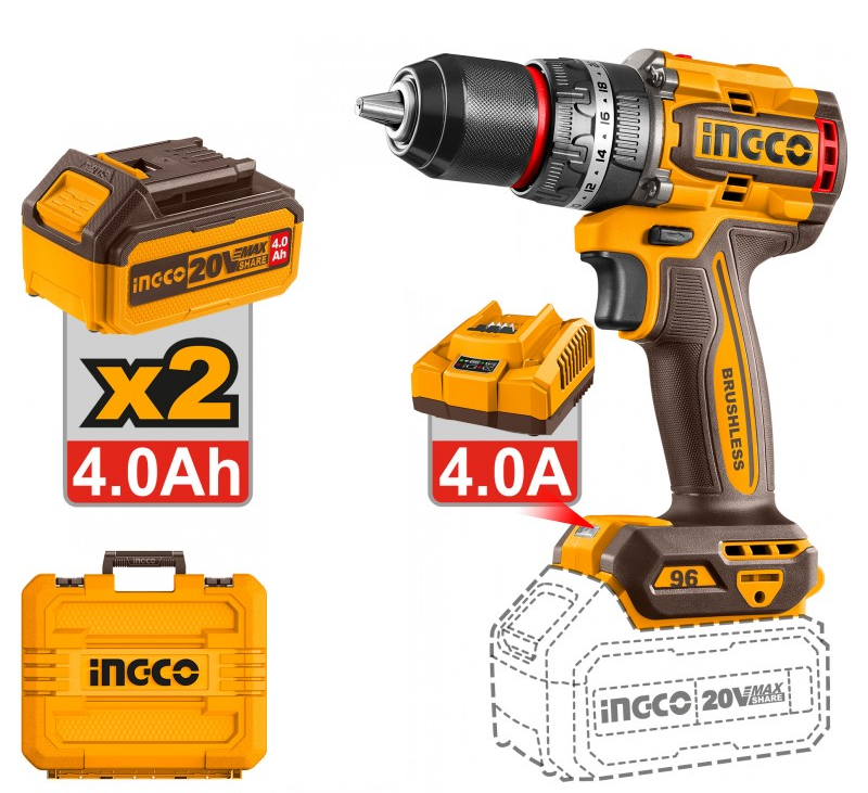 INGCO - Trapano a Percussione Brushless CIDLI20968E | 20V P20S | 96Nm | 13mm | 2 Batterie 4Ah + Caricabatterie | Kit Completo