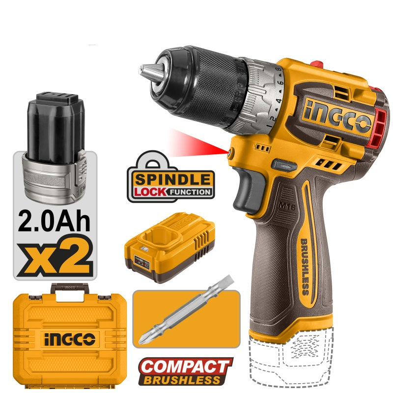 INGCO 16V 60Nm Brushless Compact Drill Driver with 2 x 2.0Ah Batteries and Carrying Case