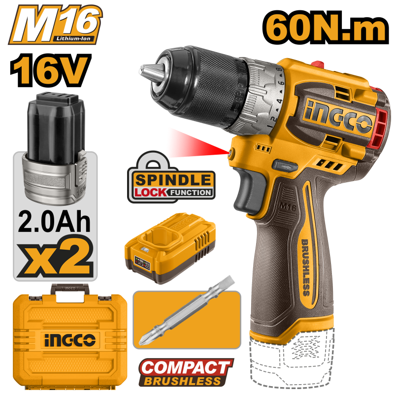 INGCO 16V 60Nm Brushless Compact Drill Driver with 2 x 2.0Ah Batteries and Carrying Case