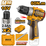 INGCO 16V 60Nm Brushless Compact Drill Driver with 2 x 2.0Ah Batteries and Carrying Case