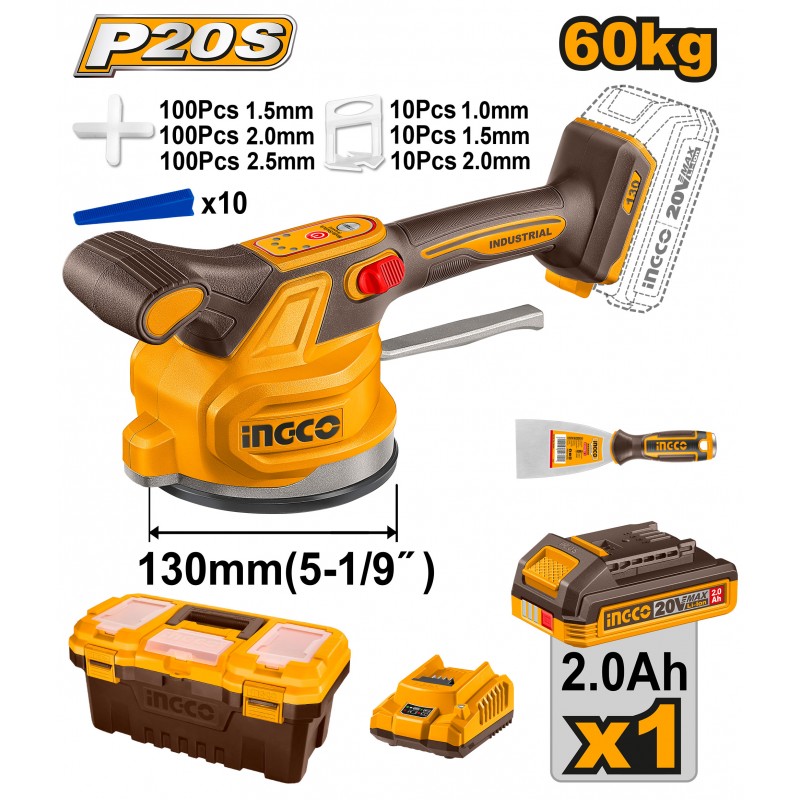 INGCO - Ventosa Vibrante per Piastrelle 20V CTVLI20018E | 130mm | 60kg | 6 Velocità | Kit Completo