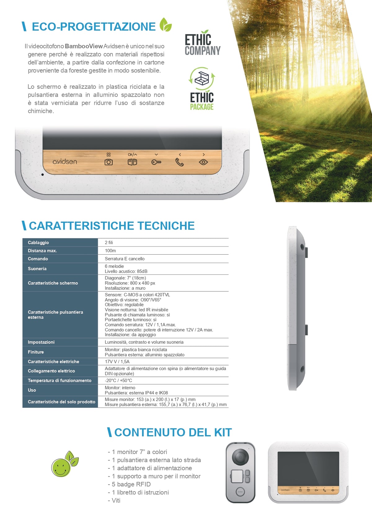 AVIDSEN - KIT Videocitofono a Colori Bamboo YLVA3 112282 | 7" Touch | 2 Fili | Bifamiliare | IP44 | Smart RFID