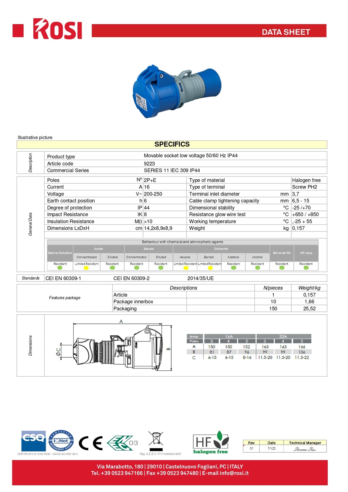 Industrielle fliegende Steckdose CEE 16A 2P+E 220V IP44 ROSI