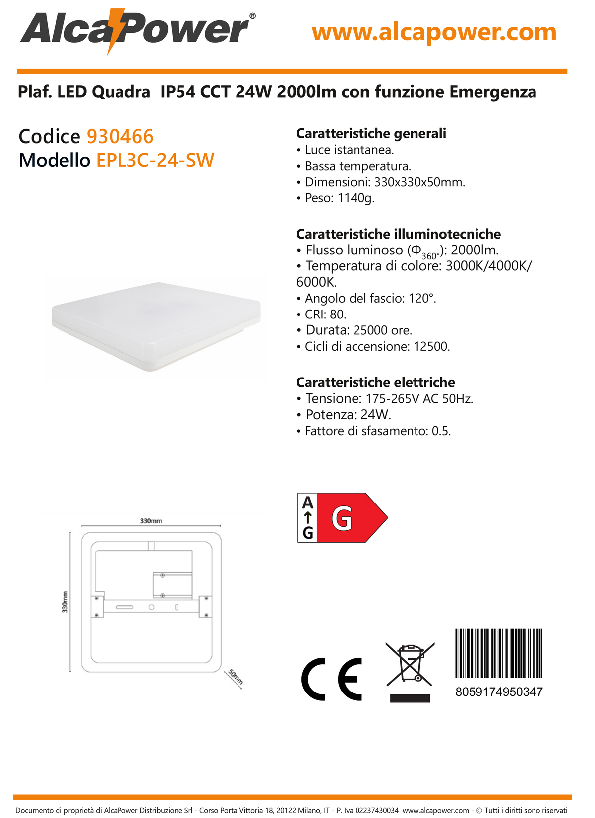 Plafoniera LED IP54 CCT 24W 2000lm con funzione emergenza