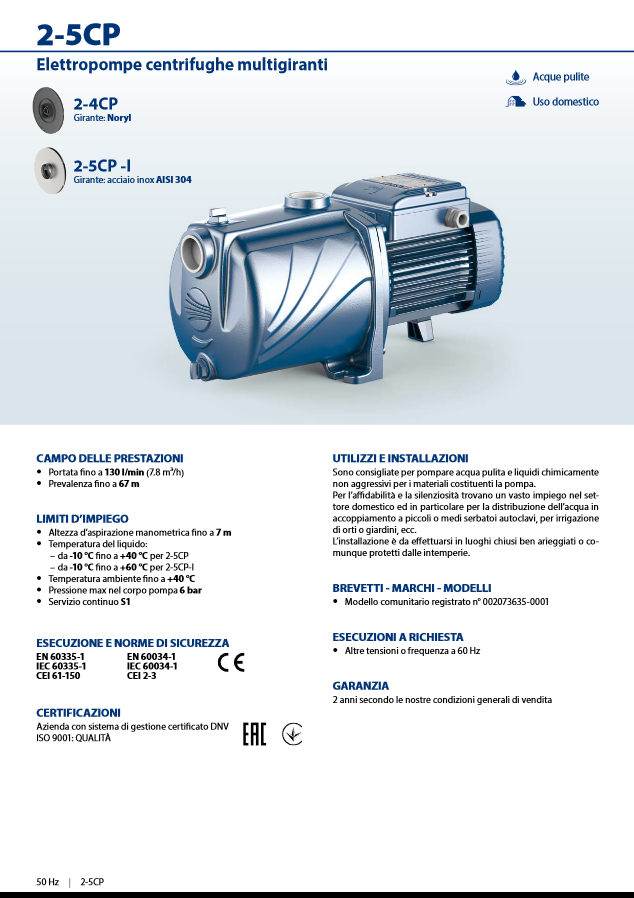 PEDROLLO - Elettropompa Centrifuga Multigirante 3CPm100 | 0,75 HP | 120 l/min | Prevalenza 37m | Silenziosa