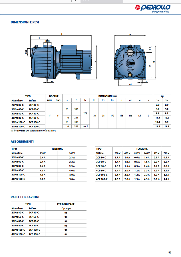 PEDROLLO – Elettropompa Centrifuga Multigirante 3CPm80 | 0,6 HP | Silenziosa | 80 l/min