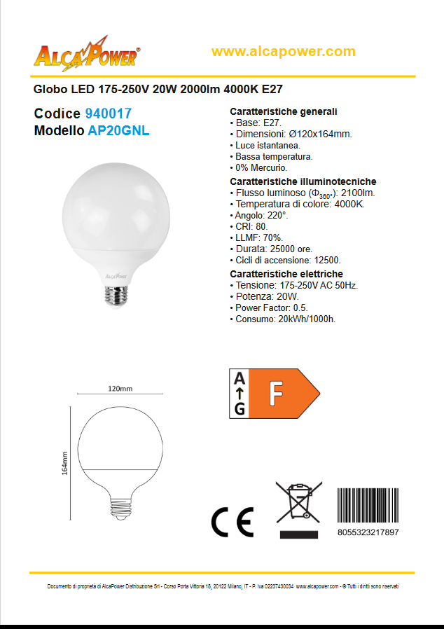 Globo LED 175-250V 20W 2100lm 4000K E27
