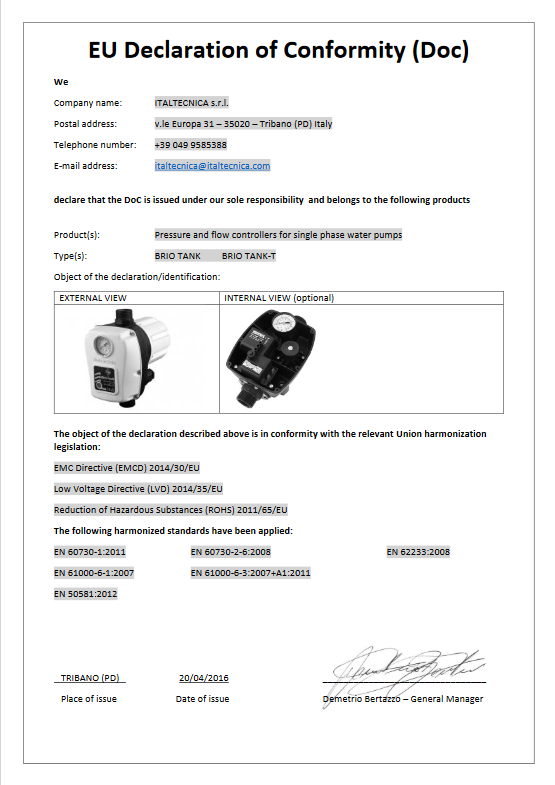 Italtecnica Brio tank press control electronic pressure regulator for electric pumps