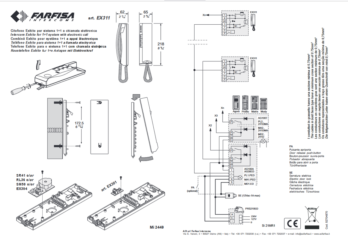 FARFISA - Citofono Cornetta Supplementare Exhito BASE 1+1 EX311 | Sistema 1+1 | Cablaggio Ridotto | 3 Pulsanti