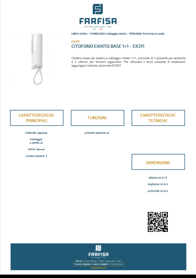 FARFISA - Citofono Cornetta Supplementare Exhito BASE 1+1 EX311 | Sistema 1+1 | Cablaggio Ridotto | 3 Pulsanti
