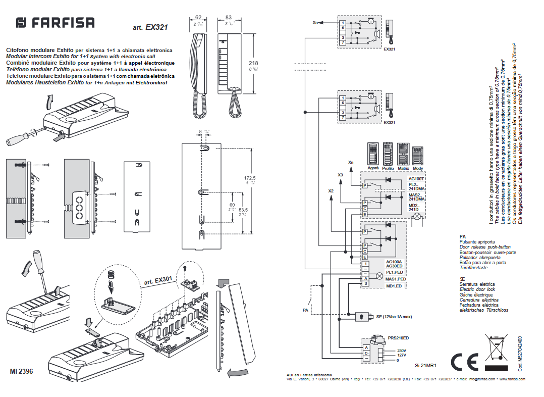 Combiné d'interphone à deux fils pour interphone 1+1 EXHITO EX321 FARFISA