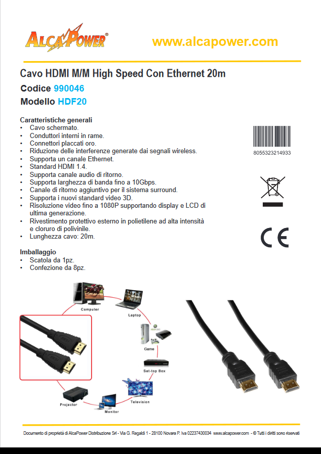 ALCAPOWER - Cavo HDMI High Speed Ethernet 20 metri HDF20 | Full HD 1080p | ARC | Tripla Schermatura | Oro 24K