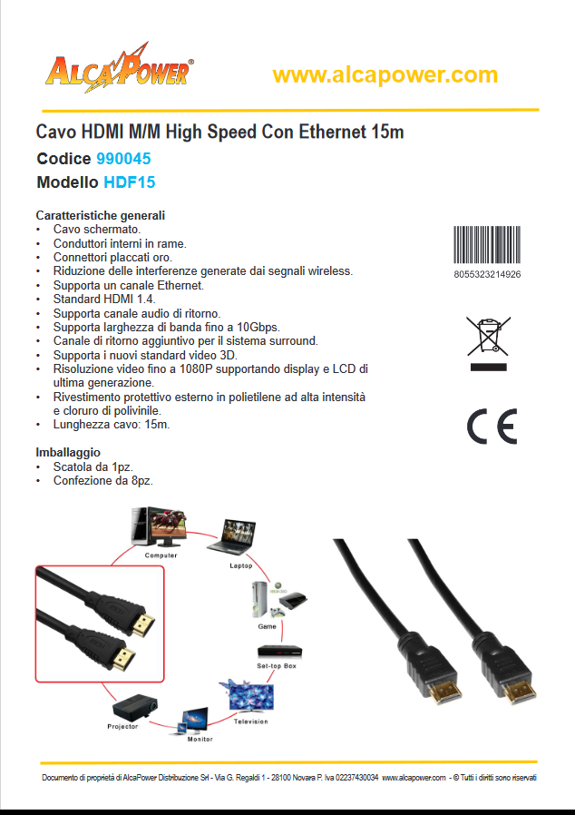 ALCAPOWER - Cavo HDMI High Speed Ethernet 15 metri HDF15 | Full HD 1080p | ARC | Tripla Schermatura | Oro 24K