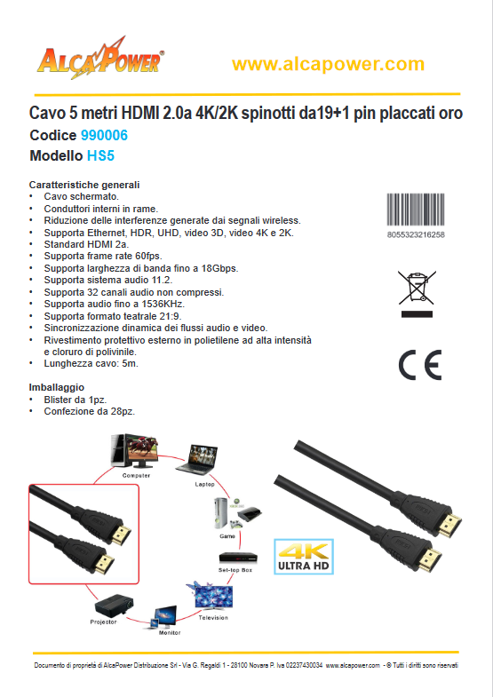 ALCAPOWER - Cavo HDMI 2.0a 5 metri 990006 | 4K Ultra HD | HDR | Spinotti 19+1 Pin Oro