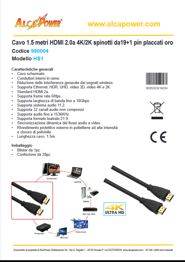 ALCAPOWER - Cavo HDMI 2.0a 1,5 metri 990004 | 4K Ultra HD | HDR | Spinotti 19+1 Pin Oro