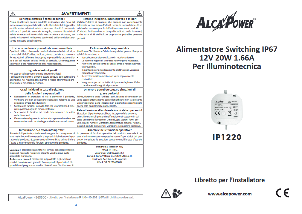 ALCAPOWER - Alimentatore da Incasso Switching IP67 963500 | 12V DC | 20W | 1,66A | Waterproof | Illuminotecnica