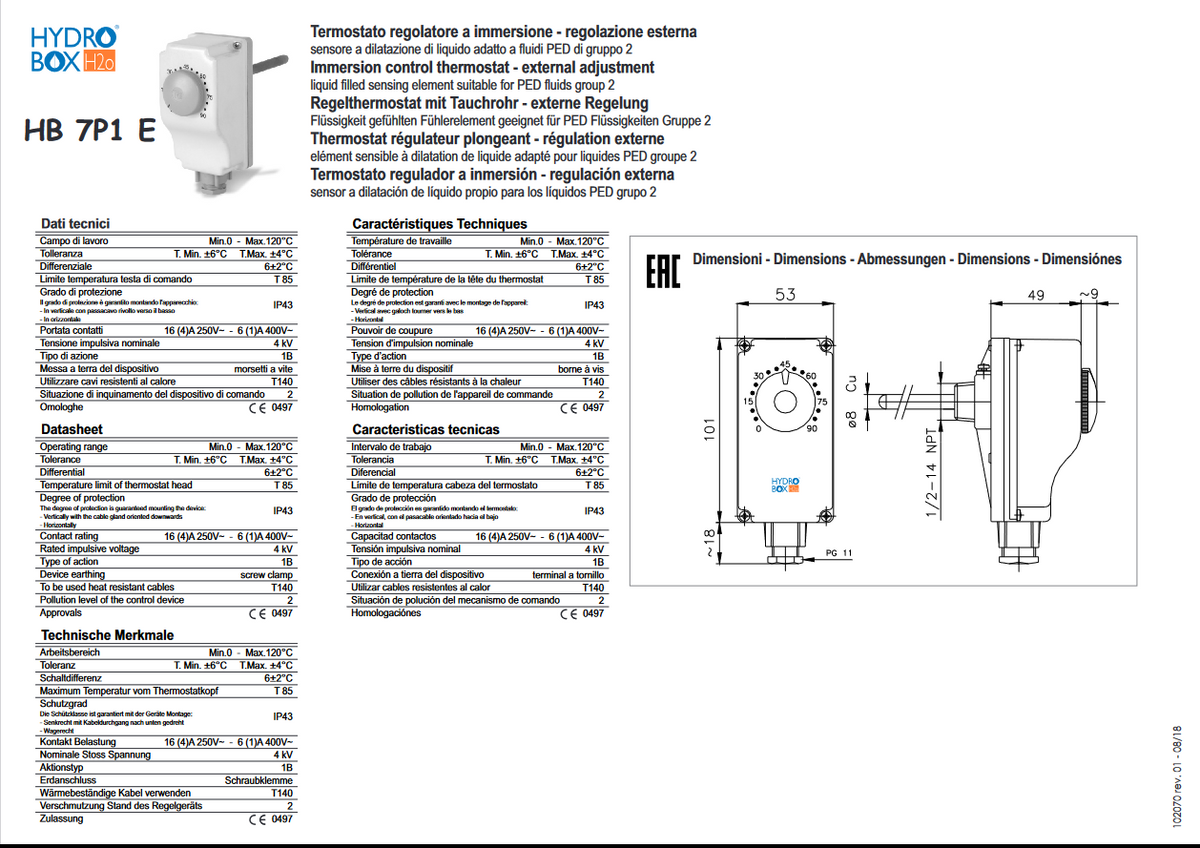 Immersion thermostat 0-90°C external regulation HB 7P1 E - 102070