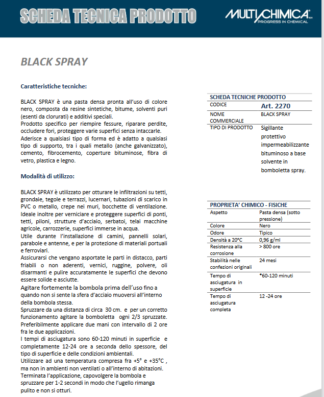 MULTICHIMICA - Black Spray Sigillante Impermeabilizzante Bituminoso 2270 | 500ml | Pronto all'Uso | Multisuperficie