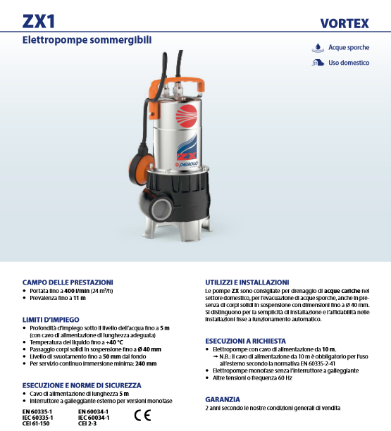 PEDROLLO - Elettropompa Sommergibile ZXm1A/40 VORTEX | Drenaggio Pozzi Neri | 0,85HP | Ø40mm | IP68