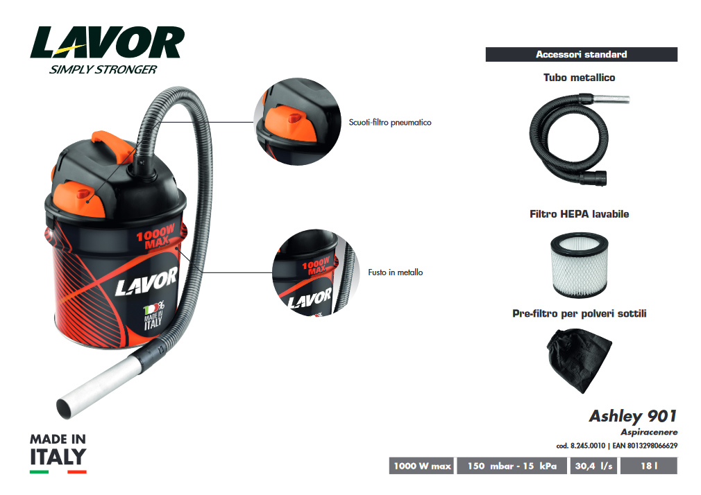 Aspirateur à cendres 1000W LT.18 LAVOR ASHLEY 901