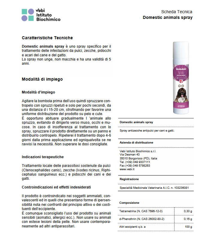 VEBI - Domestic Animals Spray Antiparassitario per Cani e Gatti | Antipulci Antizecche | 100g | A.I.C. 103235089