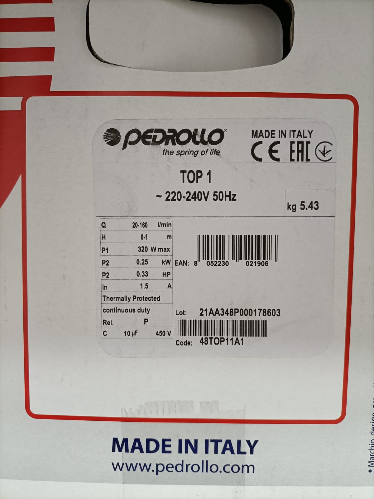 PEDROLLO TOP1 0.33HP Submersible Electric Pump for Clear Water Drainage