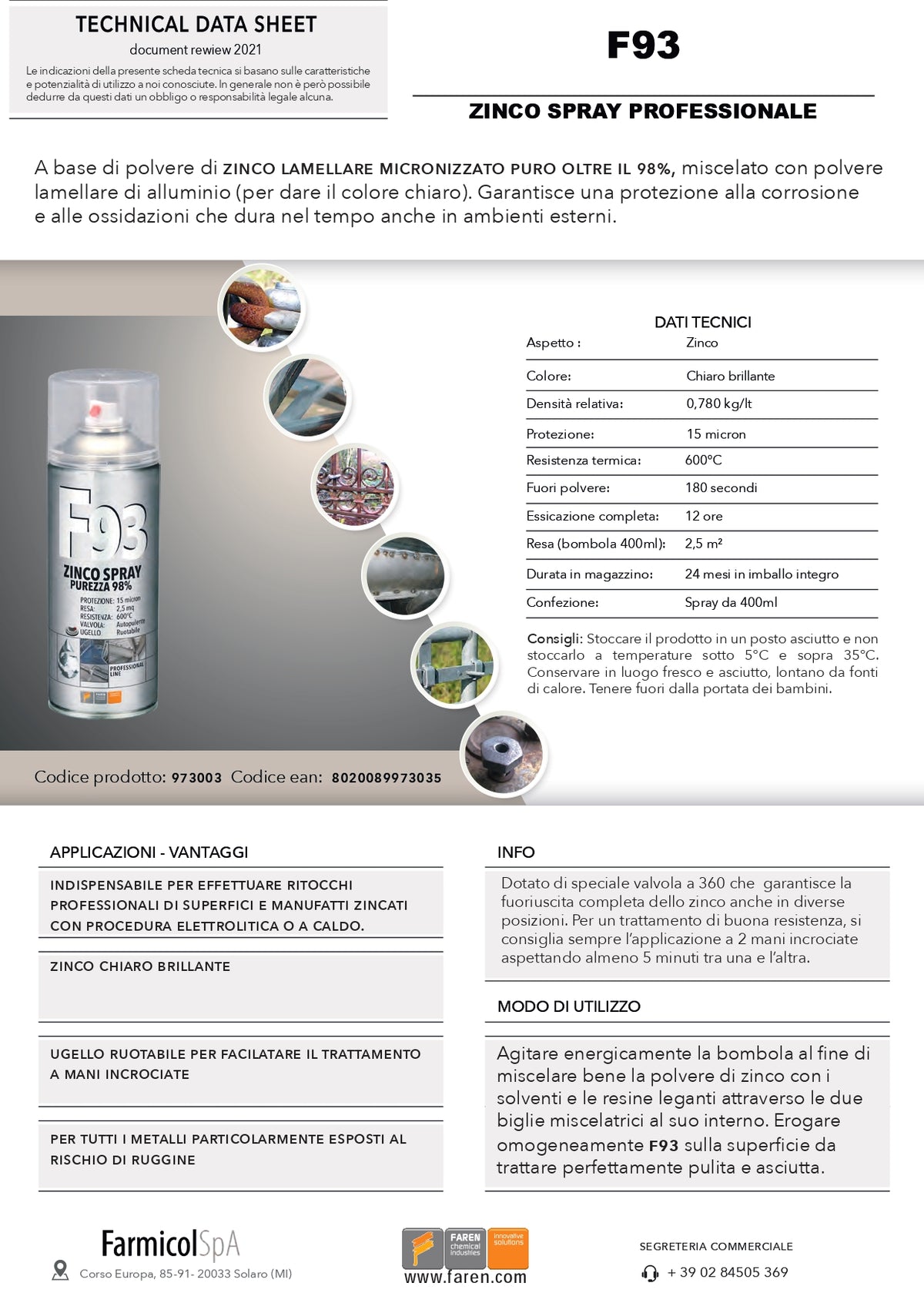 FAREN - Zinco Spray Zincante a Freddo F93 | 400ml | 98% Zinco Puro | Resiste 600°C | Ugello 360°