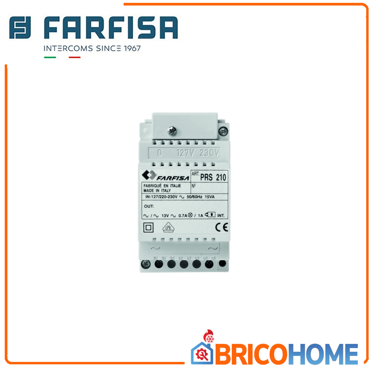 FARFISA - Trasformatore Alimentatore PRS210 | 13Vca 15VA | Parete o Barra DIN | Certificato VDE | Citofonia e Bassa Tensione