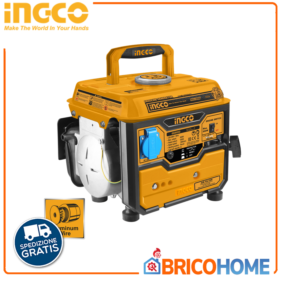INGCO - Generatore di Corrente a Miscela GE8002 | 0,8kW | 2 Tempi | 63ml | Avv. a Strappo | 220V