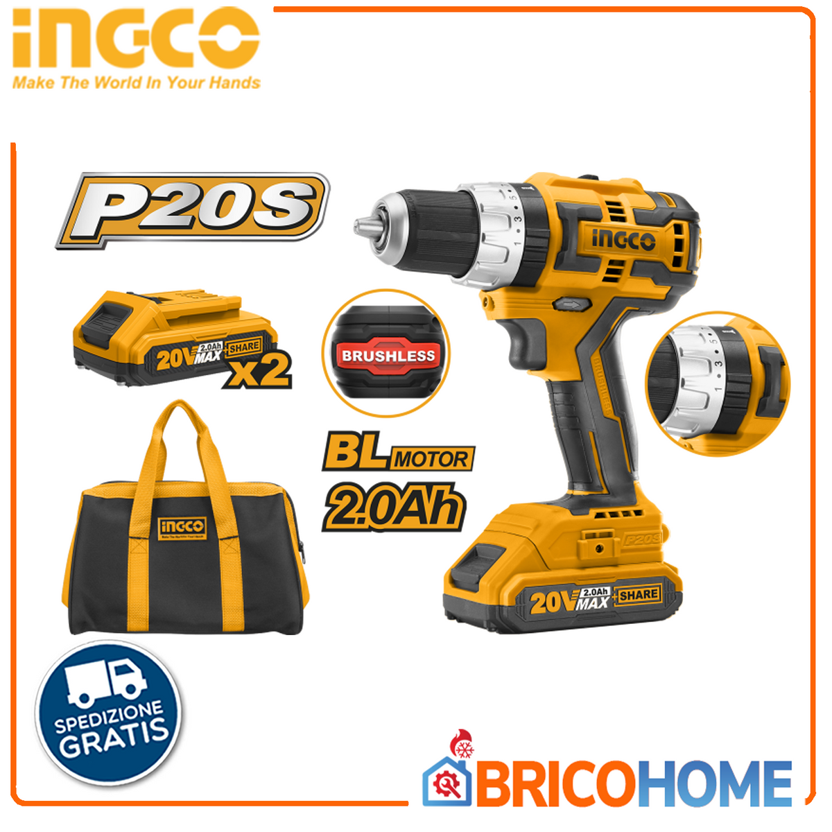 Trapano avvitatore con percussione Brushless 20V con 2 batterie da 2,0Ah INGCO