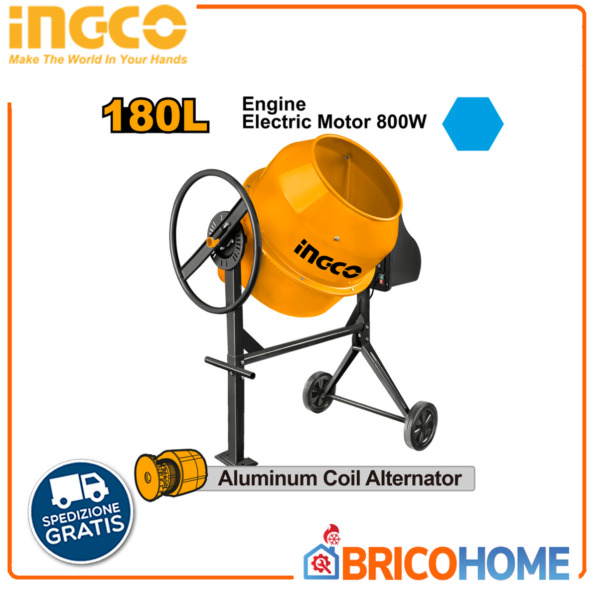 INGCO 180L 800W Electric Concrete Mixer 